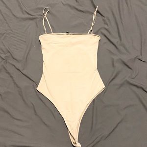 White Fox Boutique Square Neck Cream Thong Bodysuit - Size S